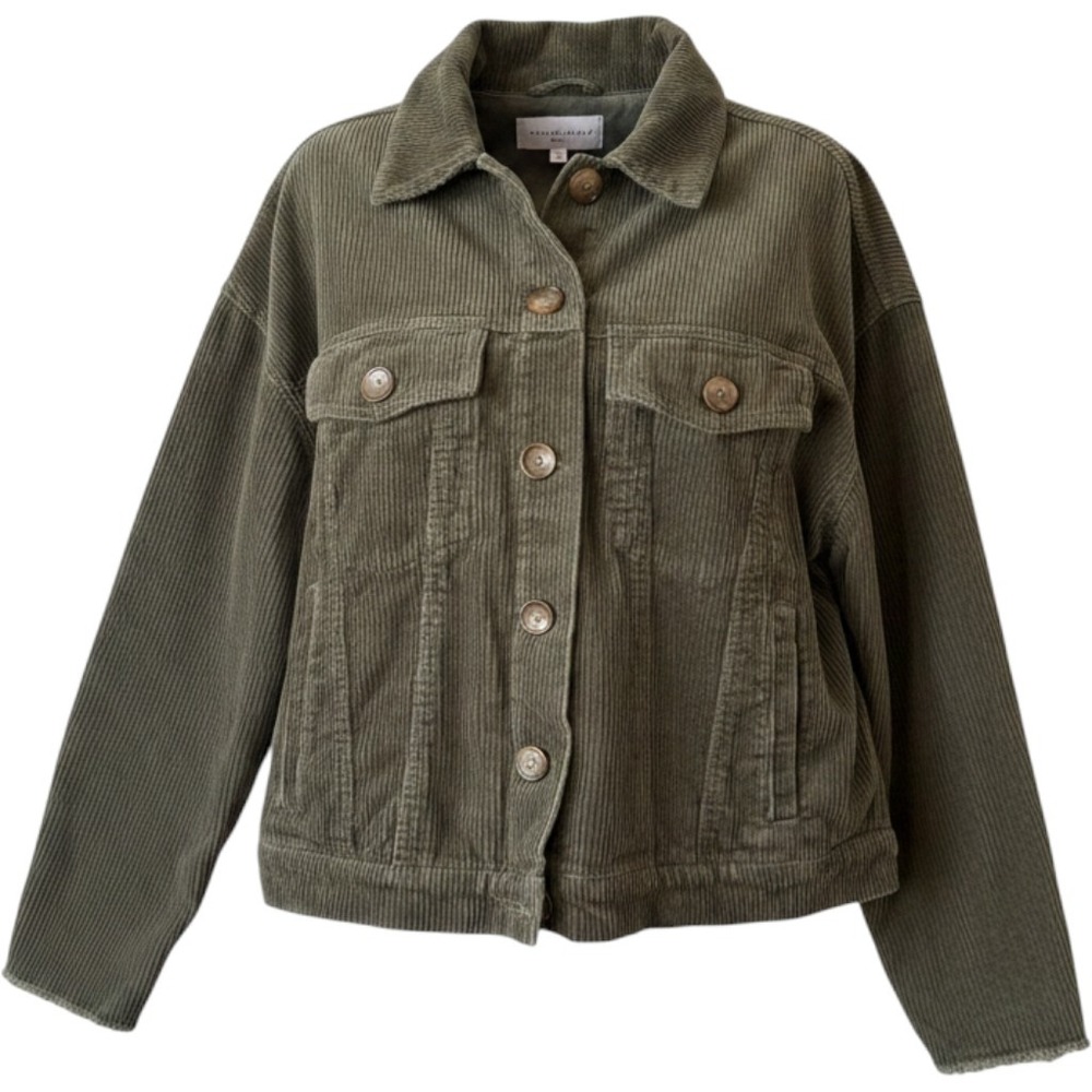 Indigo Saints Womens Cotton Corduroy Jacket M Olive Green Frayed Hem Trucker